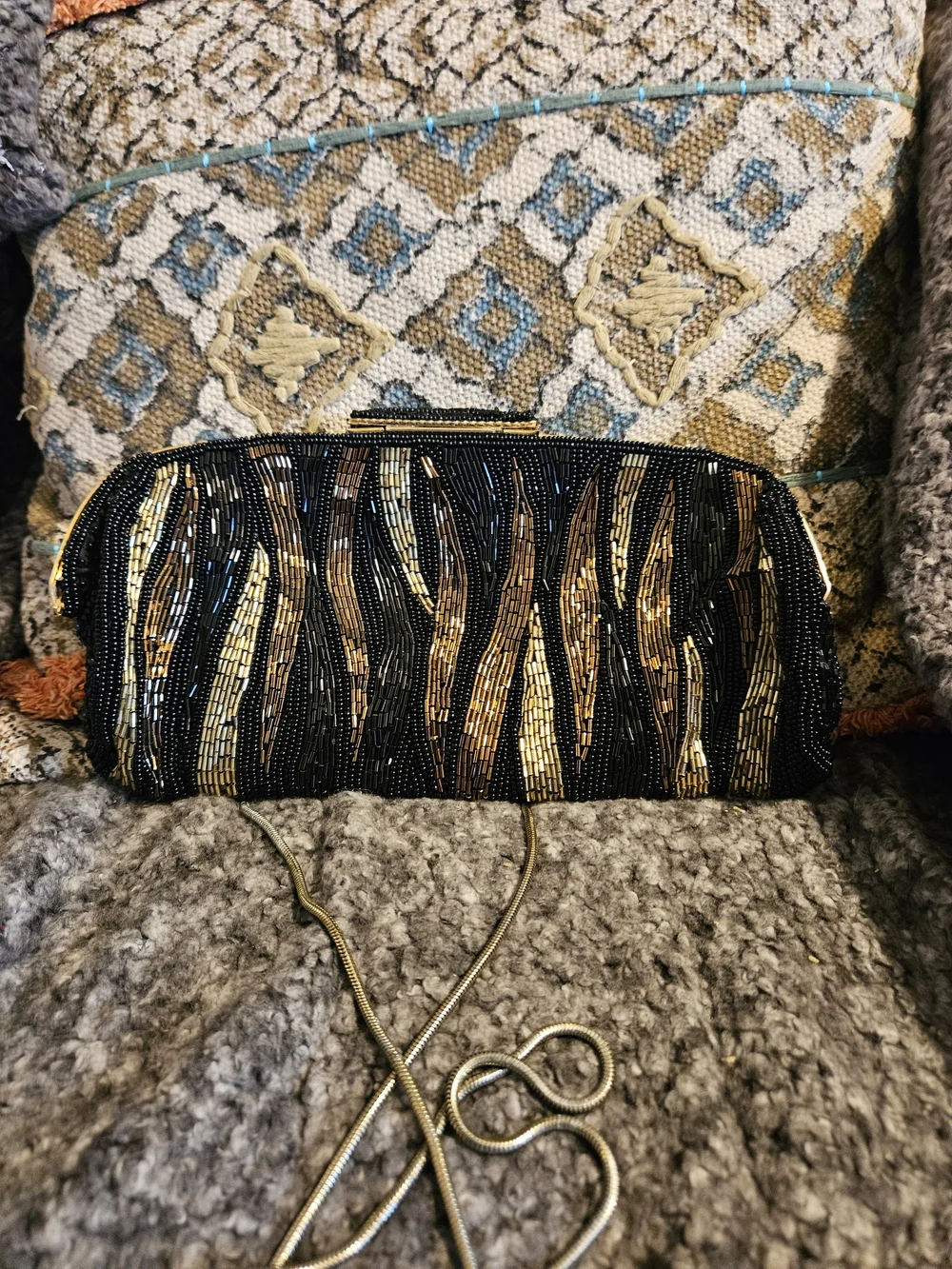 La Regale Vintage Evening  Clutch Black, Gold, & Bronze, Chain Strap 1970'- 80's